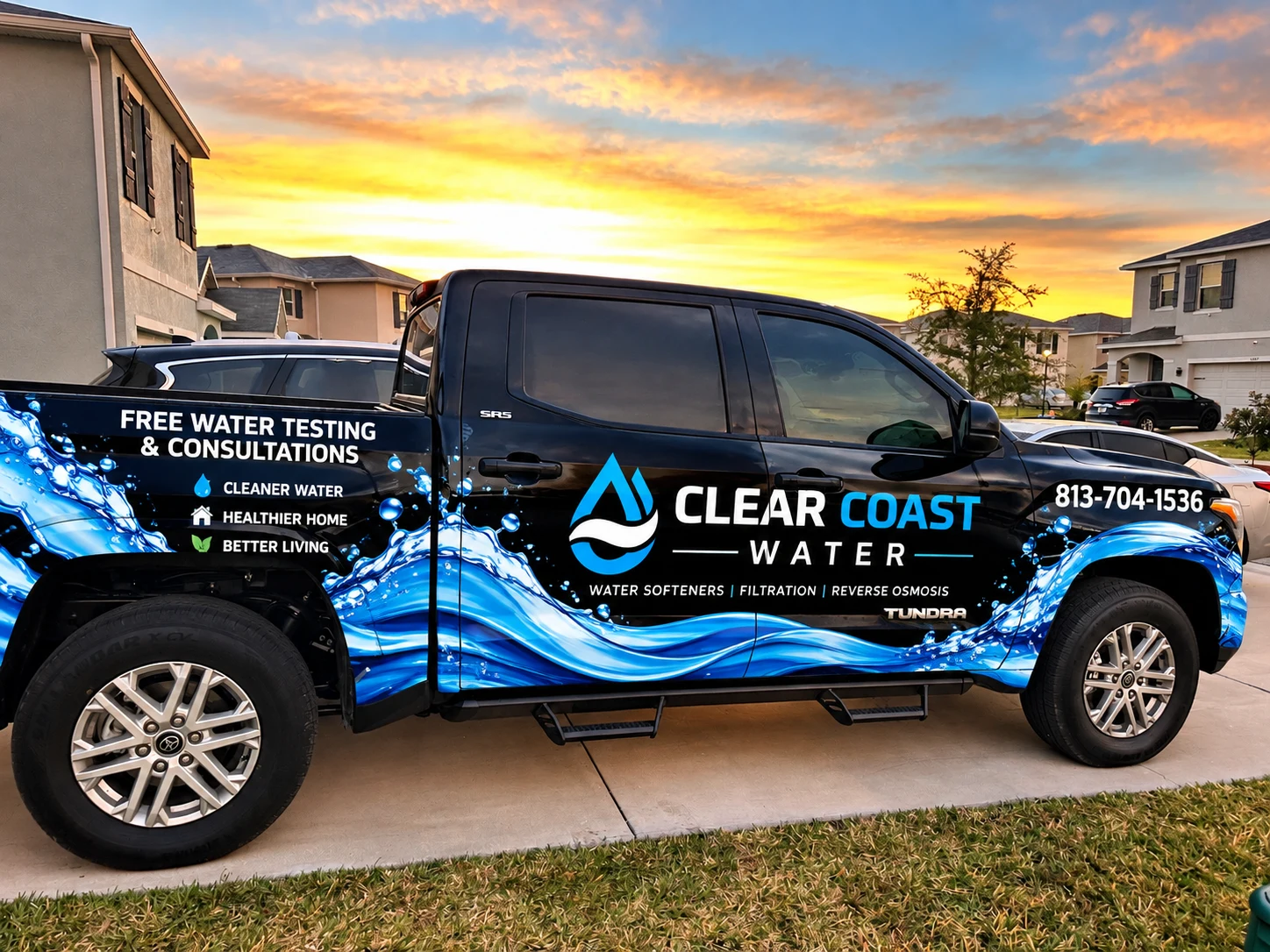 Real Clear Coast Water branded truck in a Florida neighborhood
